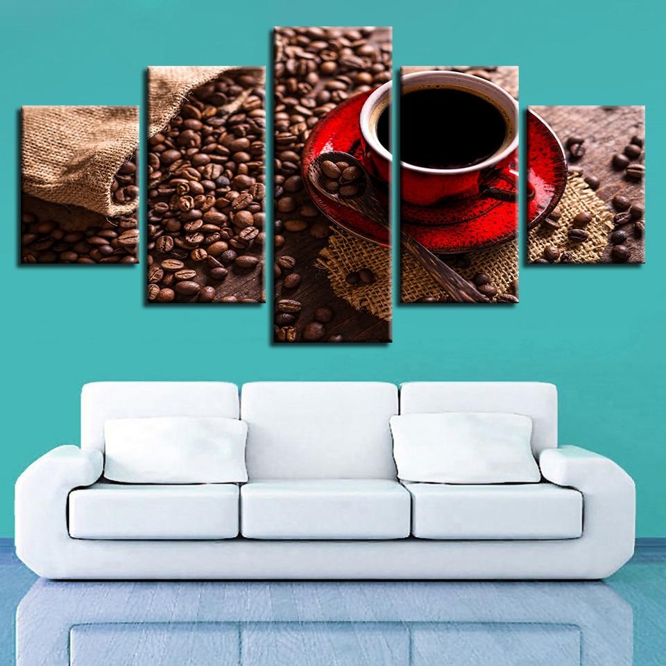 Coffee Beans And Coffee 2 - Nature 5 Panel Canvas Art Wall Decor Coffee Beans And Coffee 2 - Nature 5 Panel Canvas Art Wall Decor