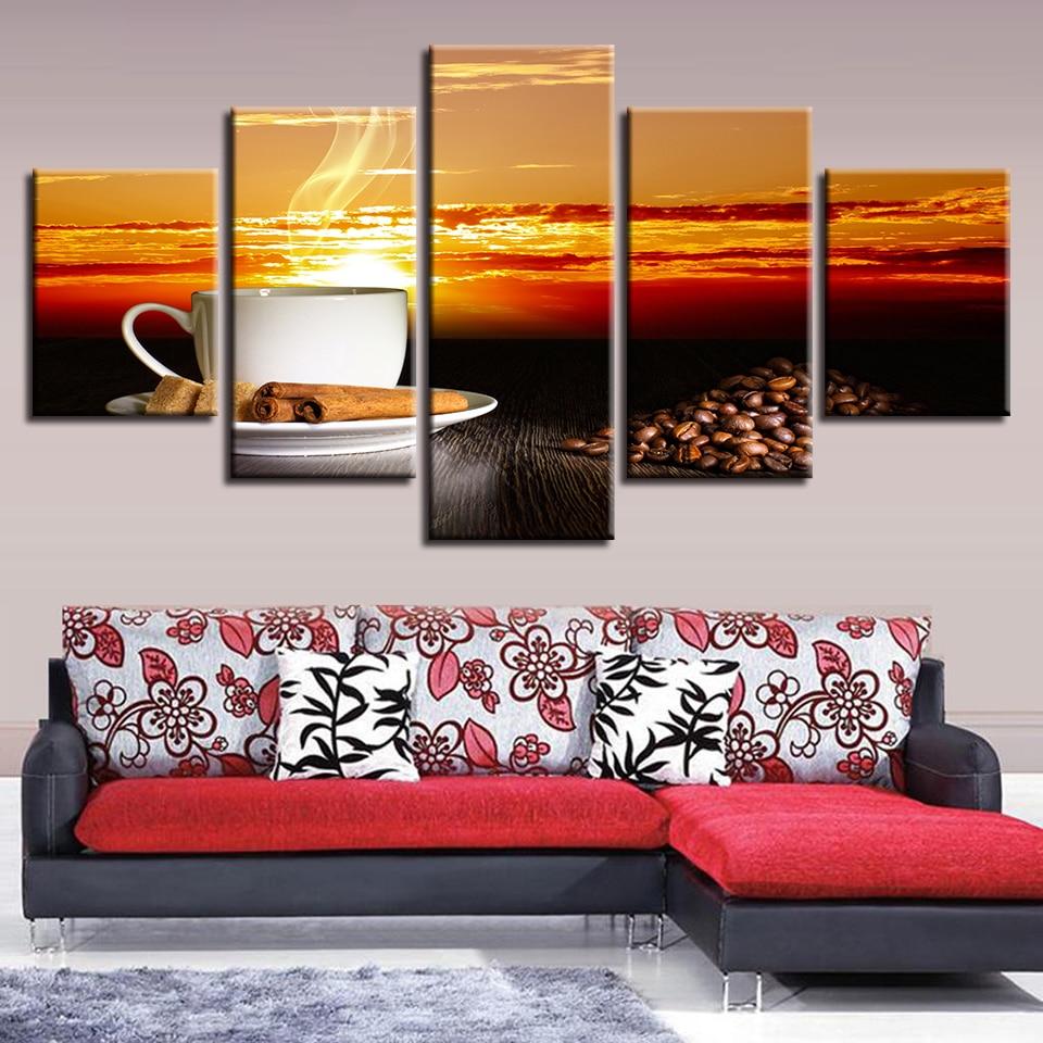Coffee Beans And Glass Cup Sunset Sunshine - Nature 5 Panel Canvas Art Wall Decor Coffee Beans And Glass Cup Sunset Sunshine - Nature 5 Panel Canvas Art Wall Decor
