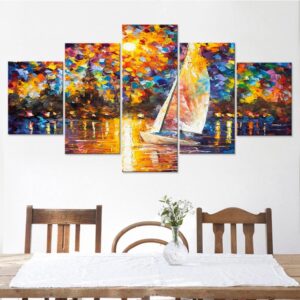 Color Sailboat Moon - Abstract 5 Panel Canvas Art Wall Decor