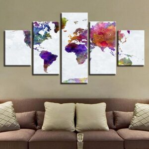 Colorful Abstract Graffiti World Map - Abstract 5 Panel Canvas Art Wall Decor