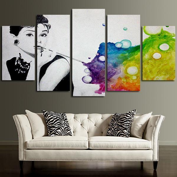 Colorful Audrey Hepburn Breakfast At Tiffany’s Celebrity - 5 Panel Canvas Art Wall Decor Colorful Audrey Hepburn Breakfast At Tiffany’s Celebrity - 5 Panel Canvas Art Wall Decor