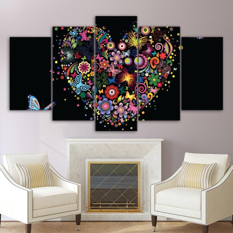 Colorful Heart Butterfly - Abstract 5 Panel Canvas Art Wall Decor Colorful Heart Butterfly - Abstract 5 Panel Canvas Art Wall Decor