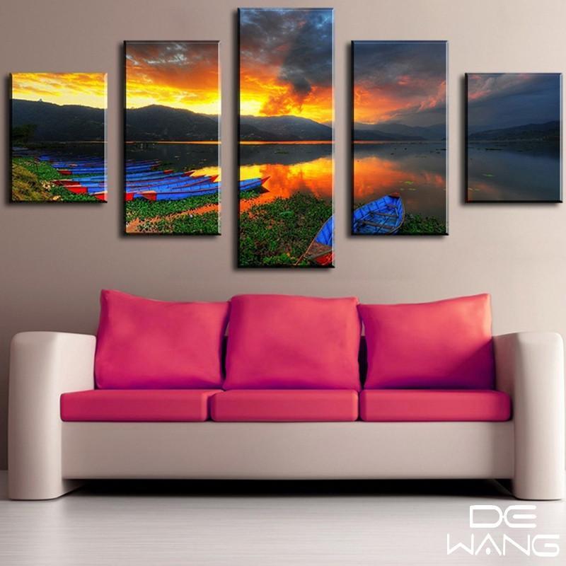 Colorful Lake At Sunset - Nature 5 Panel Canvas Art Wall Decor Colorful Lake At Sunset - Nature 5 Panel Canvas Art Wall Decor