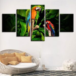 Colorful Parrots Standing On The Branch - Animal 5 Panel Canvas Art Wall Decor