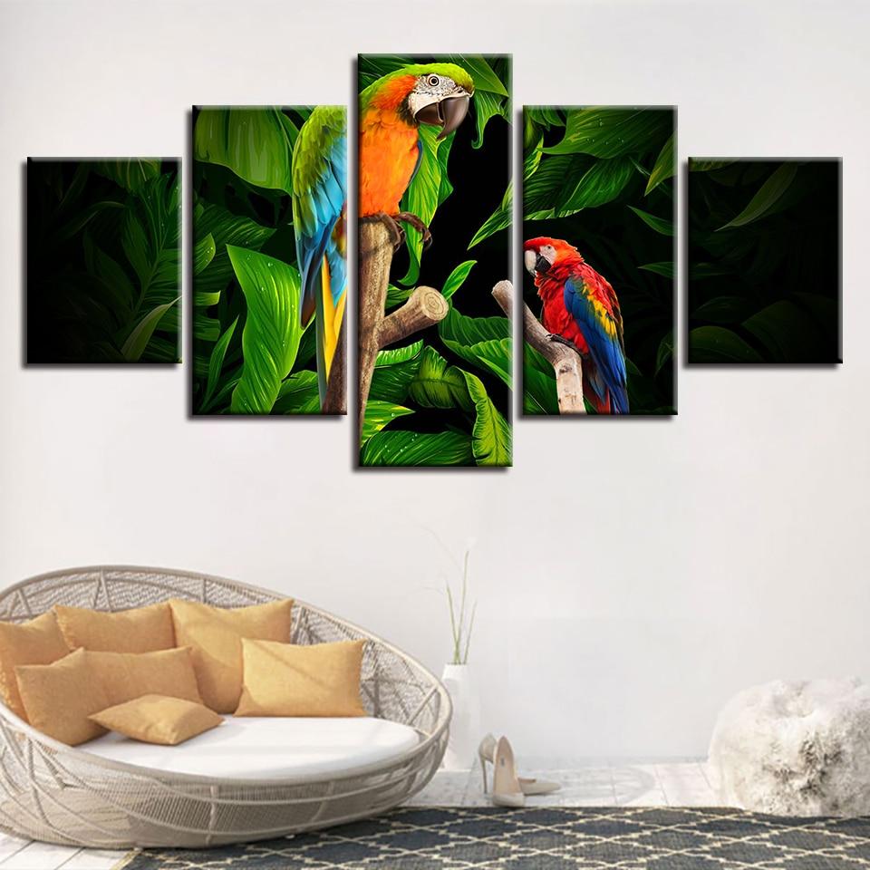 Colorful Parrots Standing On The Branch - Animal 5 Panel Canvas Art Wall Decor Colorful Parrots Standing On The Branch - Animal 5 Panel Canvas Art Wall Decor