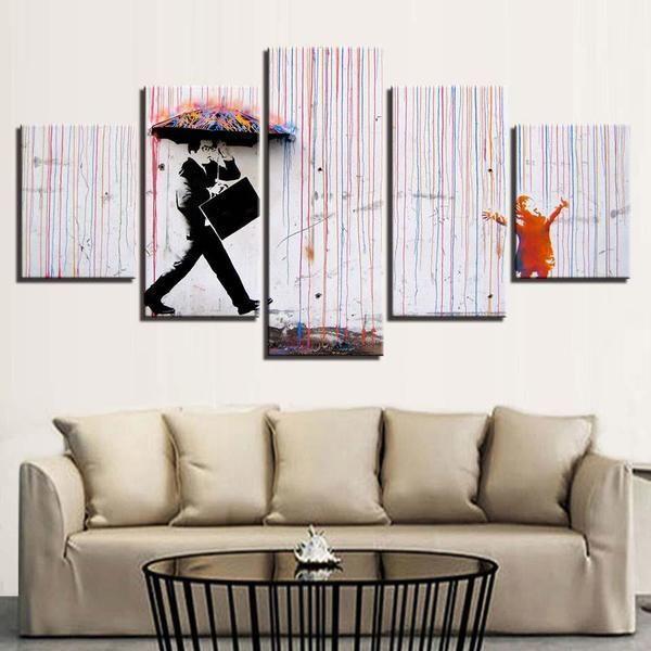 Colorful Rain by Banksy Abstract - 5 Panel Canvas Art Wall Decor Colorful Rain by Banksy Abstract - 5 Panel Canvas Art Wall Decor