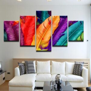 Colorful Rainbow Feathers - Nature 5 Panel Canvas Art Wall Decor