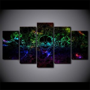 Colorful Skulls Black - Abstract 5 Panel Canvas Art Wall Decor