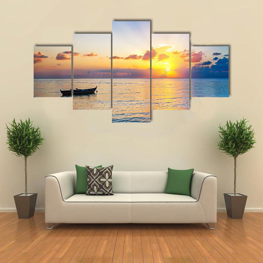 Colorful Sunrise Over Ocean On Maldives - Nature 5 Panel Canvas Art Wall Decor Colorful Sunrise Over Ocean On Maldives - Nature 5 Panel Canvas Art Wall Decor
