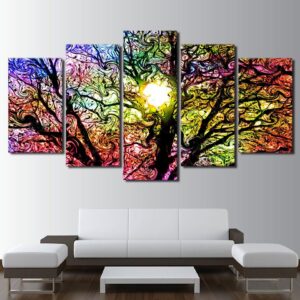 Colorful Tree In The Sun - Nature 5 Panel Canvas Art Wall Decor