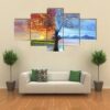 Colorful Tree In Two Season - Nature 5 Panel Canvas Art Wall Decor