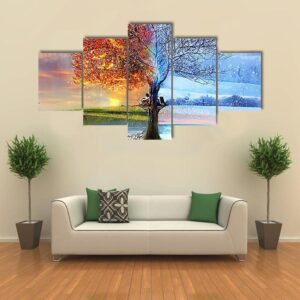 Colorful Tree In Two Season - Nature 5 Panel Canvas Art Wall Decor