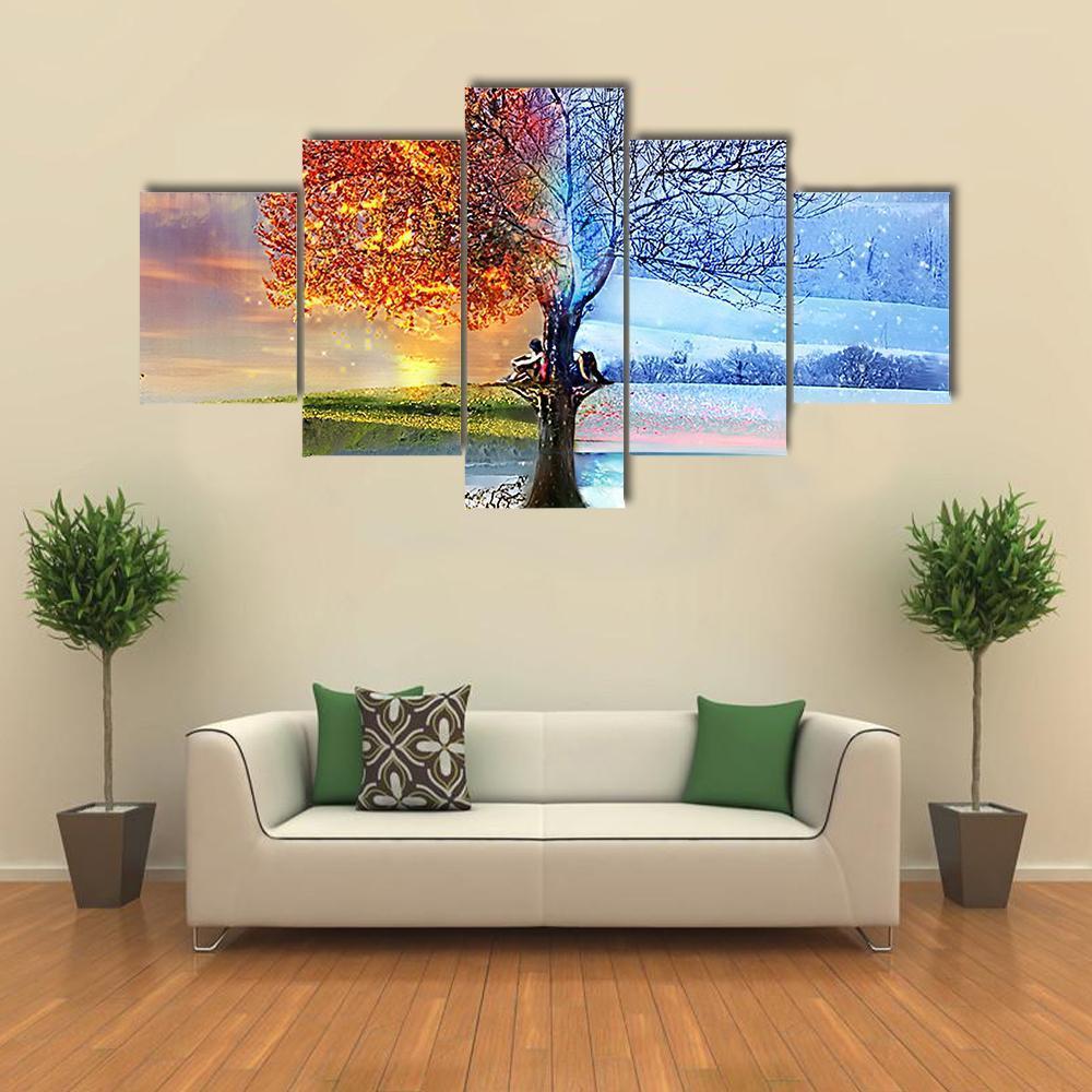 Colorful Tree In Two Season - Nature 5 Panel Canvas Art Wall Decor Colorful Tree In Two Season - Nature 5 Panel Canvas Art Wall Decor