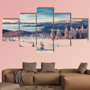 Colorful Winter Panorama Of Snowy Mountains - Nature 5 Panel Canvas Art Wall Decor