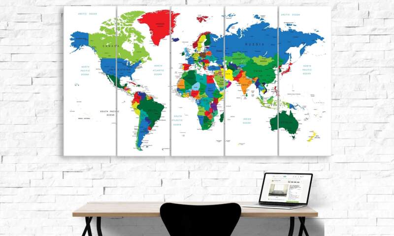 Colourful Travel World Map In White - World Map 5 Panel Canvas Art Wall Decor Colourful Travel World Map In White - World Map 5 Panel Canvas Art Wall Decor