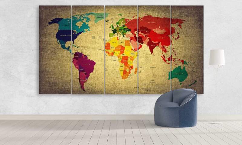 Colourful World Map - World Map 5 Panel Canvas Art Wall Decor Colourful World Map - World Map 5 Panel Canvas Art Wall Decor