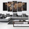 Copper Toned World Map - Abstract 5 Panel Canvas Art Wall Decor