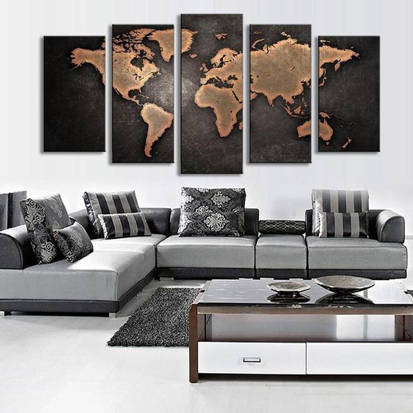 Copper Toned World Map - Abstract 5 Panel Canvas Art Wall Decor Copper Toned World Map - Abstract 5 Panel Canvas Art Wall Decor