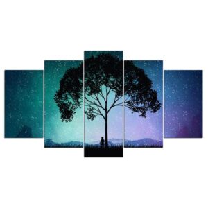 Cosmic Sky Starts Nighttime Tree Person Silhouette - Nature 5 Panel Canvas Art Wall Decor