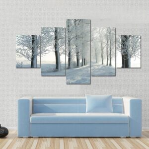 Country Road Leading Among Frosted Trees On A Sunny Morning - Nature 5 Panel Canvas Art Wall Decor