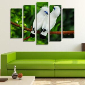 Couple Of White Myna Birds - Animal 5 Panel Canvas Art Wall Decor