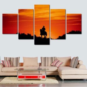 Cowboy Riding His Horse During Sunset - Nature 5 Panel Canvas Art Wall Decor