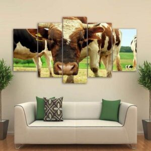 Cows In The Morning Cow - Animal 5 Panel Canvas Art Wall Decor