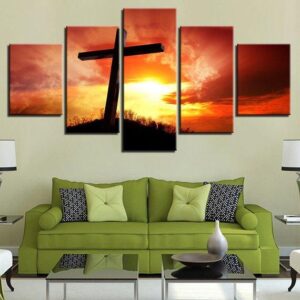 Cross Sunset Christian 4 - Nature 5 Panel Canvas Art Wall Decor