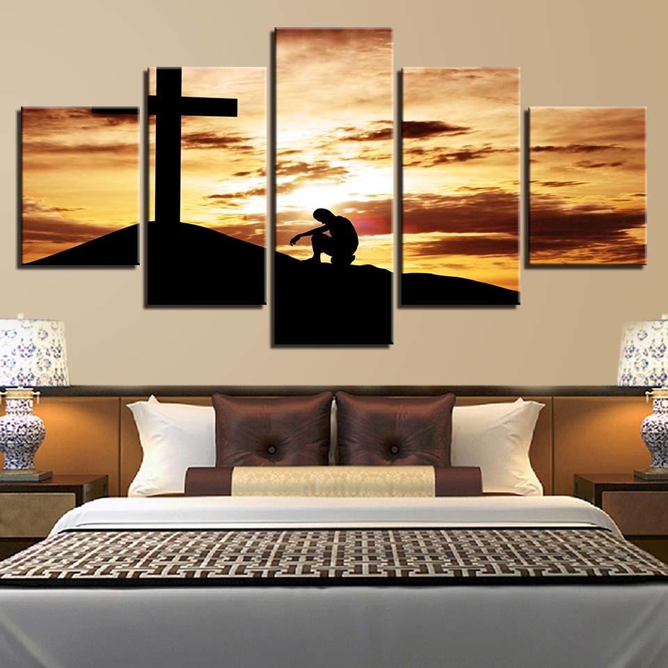 Cross Sunset - Religion 5 Panel Canvas Art Wall Decor Cross Sunset - Religion 5 Panel Canvas Art Wall Decor