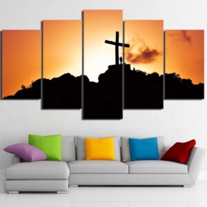 Cross on the Mountain 01 - Religion 5 Panel Canvas Art Wall Decor