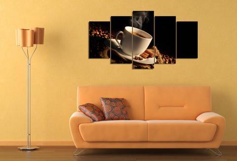Cup Of Coffee And Coffee Beans - Nature 5 Panel Canvas Art Wall Decor Cup Of Coffee And Coffee Beans - Nature 5 Panel Canvas Art Wall Decor