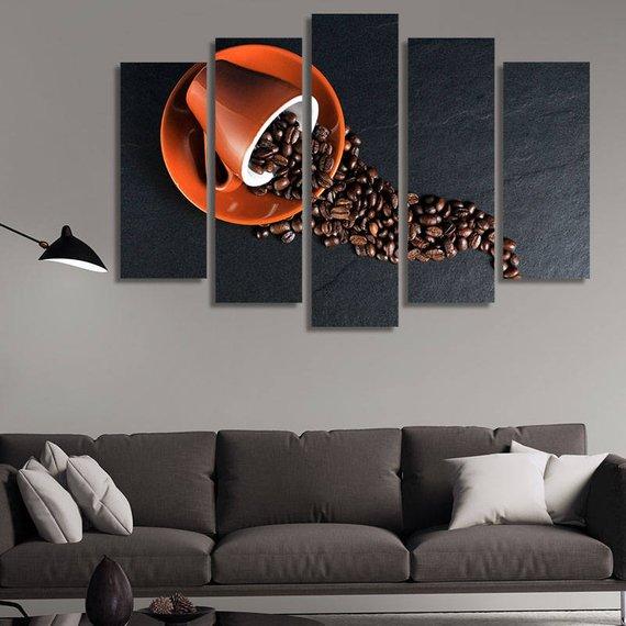 Cup Of Coffee Beans - Kitchen 5 Panel Canvas Art Wall Decor Cup Of Coffee Beans - Kitchen 5 Panel Canvas Art Wall Decor