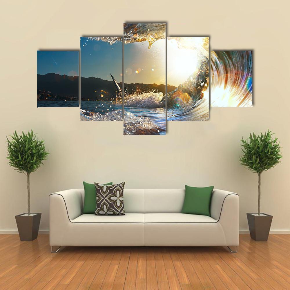 Curly Breaking Wave Shining In Sunlight - Nature 5 Panel Canvas Art Wall Decor Curly Breaking Wave Shining In Sunlight - Nature 5 Panel Canvas Art Wall Decor