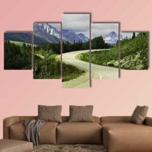 Curved Asphalt Road In High Mountains Of Alaska - Nature 5 Panel Canvas Art Wall Decor