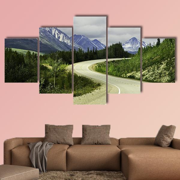 Curved Asphalt Road In High Mountains Of Alaska - Nature 5 Panel Canvas Art Wall Decor Curved Asphalt Road In High Mountains Of Alaska - Nature 5 Panel Canvas Art Wall Decor