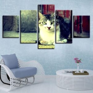 Cute Black And White Cat - Animal 5 Panel Canvas Art Wall Decor