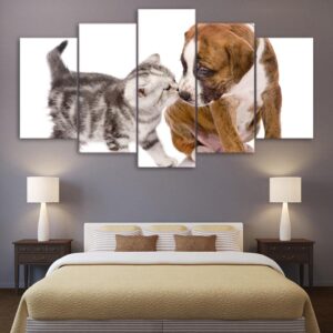 Cute Dog Kiss Cat - Animal 5 Panel Canvas Art Wall Decor