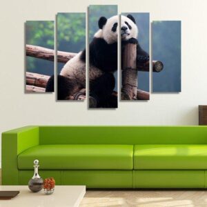 Cute Panda Bear Relaxing - Animal 5 Panel Canvas Art Wall Decor