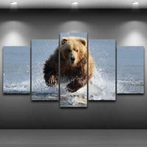 Dabble Water Grizzly Bear - Animal 5 Panel Canvas Art Wall Decor