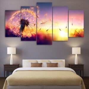 Dandelion Flying In Sunset - Nature 5 Panel Canvas Art Wall Decor