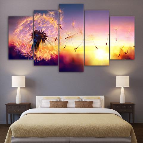Dandelion Flying In Sunset - Nature 5 Panel Canvas Art Wall Decor Dandelion Flying In Sunset - Nature 5 Panel Canvas Art Wall Decor