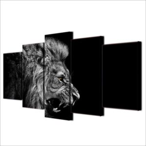 Dark Black And White Lion - Animal 5 Panel Canvas Art Wall Decor