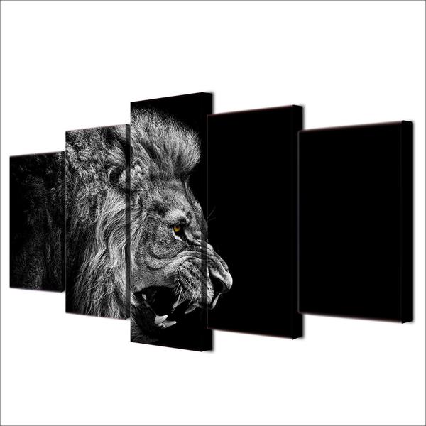 Dark Black And White Lion - Animal 5 Panel Canvas Art Wall Decor Dark Black And White Lion - Animal 5 Panel Canvas Art Wall Decor