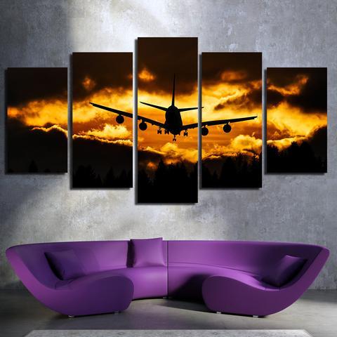 Dark Clouds And Airplane In Sunset - Airplane 5 Panel Canvas Art Wall Decor Dark Clouds And Airplane In Sunset - Airplane 5 Panel Canvas Art Wall Decor