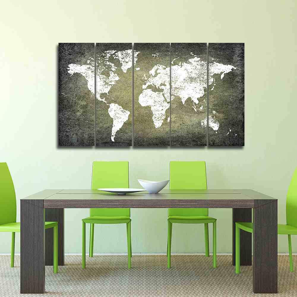Dark Grunge White World Map - World Map 5 Panel Canvas Art Wall Decor Dark Grunge White World Map - World Map 5 Panel Canvas Art Wall Decor