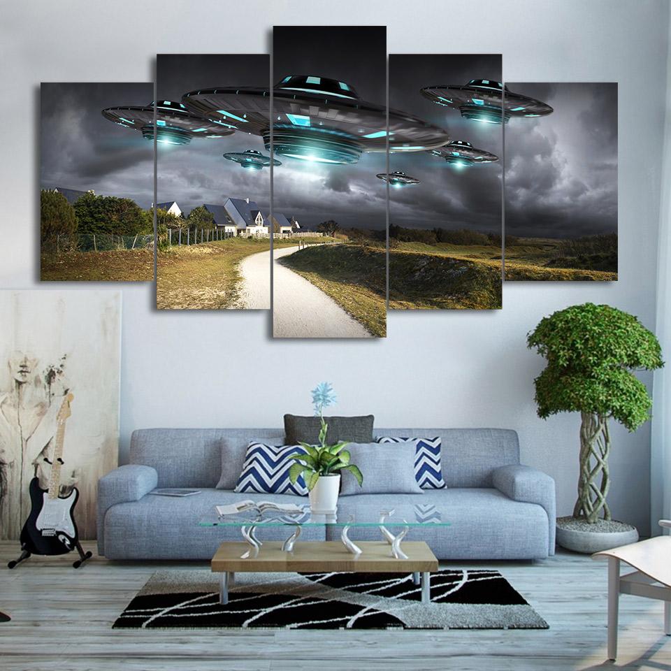 Dark Sky Village Flying UFO - Space 5 Panel Canvas Art Wall Decor Dark Sky Village Flying UFO - Space 5 Panel Canvas Art Wall Decor