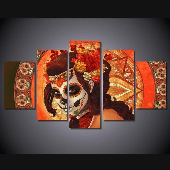 Day Of The Dead Face 3 - Abstract 5 Panel Canvas Art Wall Decor Day Of The Dead Face 3 - Abstract 5 Panel Canvas Art Wall Decor