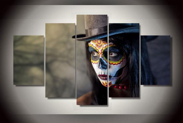Day Of The Dead Face Makeup Hat - Festival 5 Panel Canvas Art Wall Decor Day Of The Dead Face Makeup Hat - Festival 5 Panel Canvas Art Wall Decor