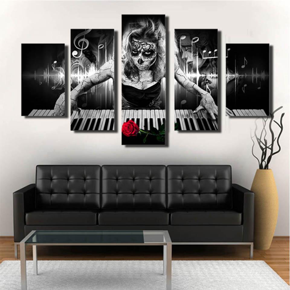 Day Of The Dead Face Piano Music Skull - Music 5 Panel Canvas Art Wall Decor Day Of The Dead Face Piano Music Skull - Music 5 Panel Canvas Art Wall Decor