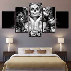 Day Of The Dead Face Sugar Skull - Abstract 5 Panel Canvas Art Wall Decor